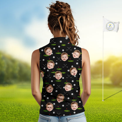 Personalized Face & Name Sleeveless Golf Polo Shirt For Women, Best Mom Golf Shirt, Mother's Day Gift Polo|Black NBT662