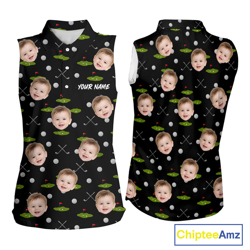 Personalized Face & Name Sleeveless Golf Polo Shirt For Women, Best Mom Golf Shirt, Mother's Day Gift Polo|Black NBT662