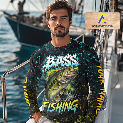 Personalized Neon Color Bass Long Sleeve Fishing Shirts, Largemouth Bass Fishing Jerseys For Men NBT668