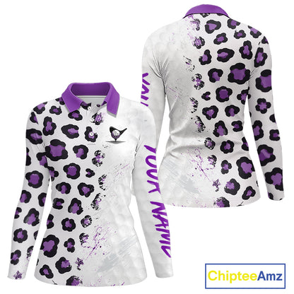 White long-sleeve shirt with purple leopard print pattern on a white background