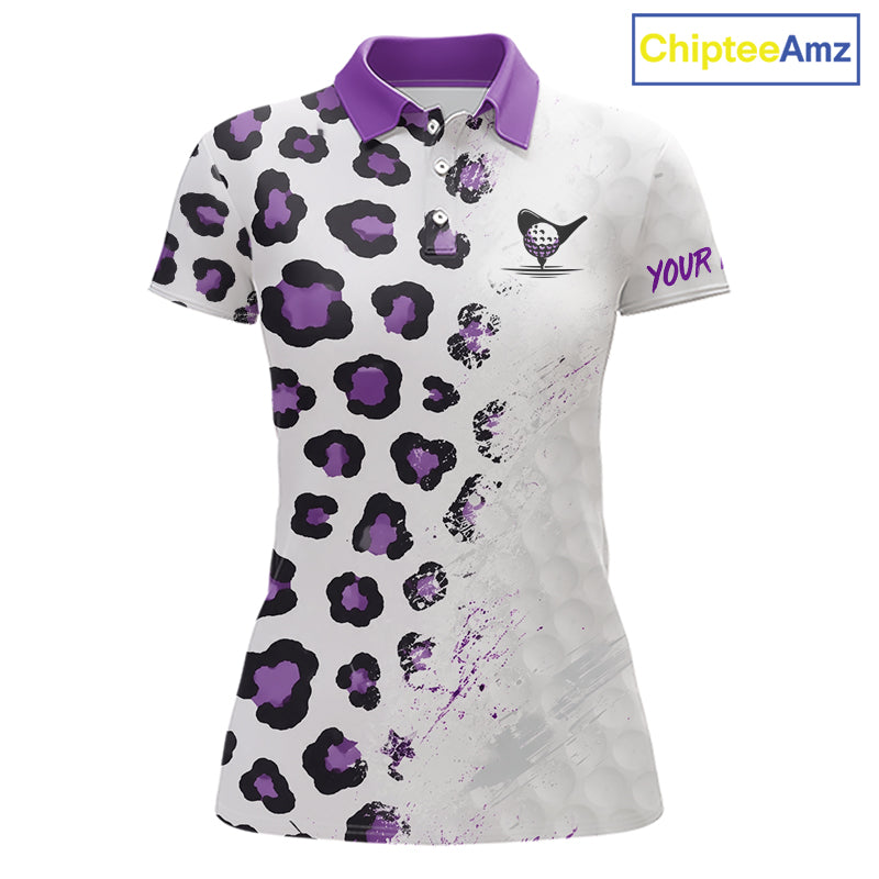 White polo shirt with purple and black leopard pattern on a white background