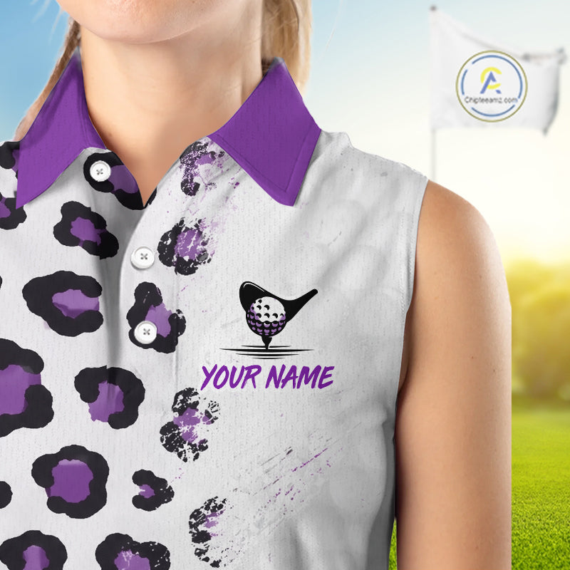 Close up of a sleeveless shirt with a golf themed design and 'Your Name' text on a blurred golf course background.
