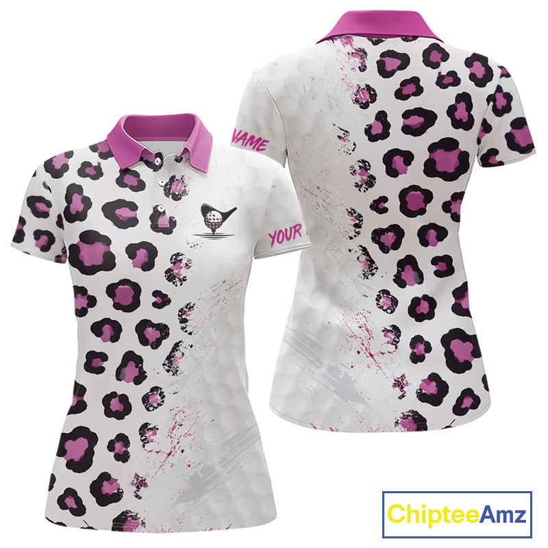 White polo shirt with pink and black leopard print pattern, front and back views