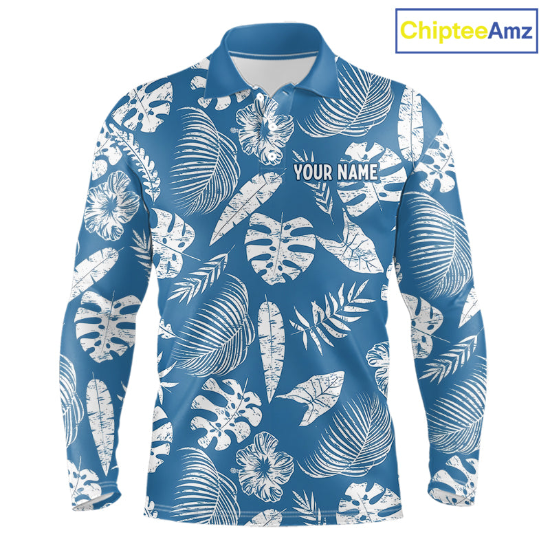 Blue long-sleeve shirt with white leaf pattern and 'Your Name' text