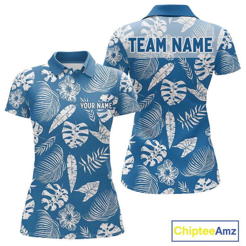 Blue golf polo shirt with white leaf pattern and customizable text on a white background