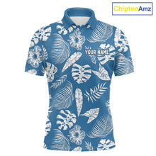Load image into Gallery viewer, Blue polo shirt with tropical leaf pattern and 'Your Name' text on a bluebackground