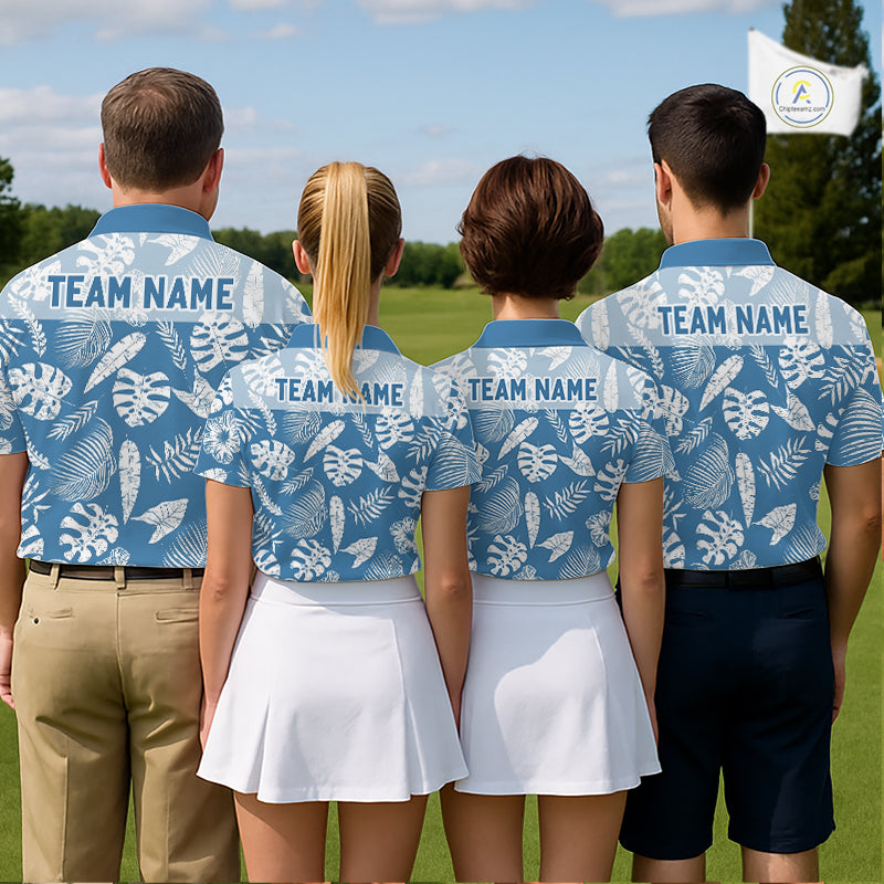 Four people wearing matching blue shirts with a team name on a golf course.