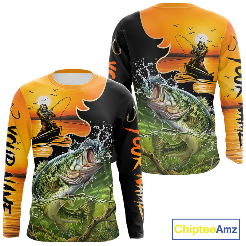 Personalized Fish Reaper Sunset Design Largemouth Bass Fishing Shirts Long Sleeve NBT673