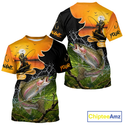Personalized Fish Reaper Sunset Design Rainbow Trout Fishing T-Shirts NBT676