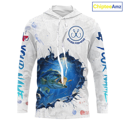 Custom Bass Long Sleeve Hooded Fishing Tournament Shirts, Largemouth Bass Fishing Apparel | White NBT680
