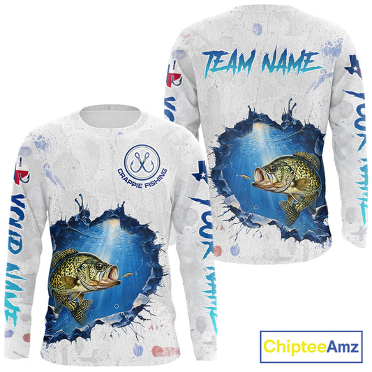 Custom Crappie Fishing Long Sleeve Tournament Shirts, Crappie Fishing Apparel | White NBT682