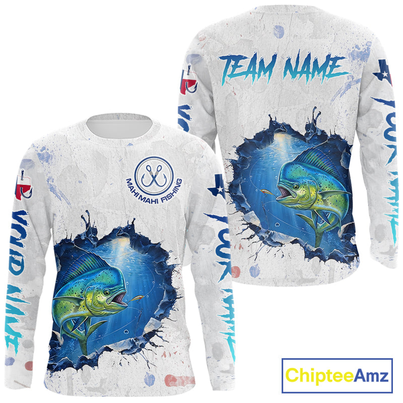 Custom Mahi Mahi Fishing Long Sleeve Tournament Shirts, Mahi Mahi Saltwater Fishing Apparel | White NBT683