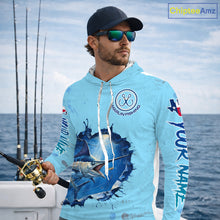 Load image into Gallery viewer, Custom Marlin Fishing Long Sleeve Hooded Tournament Shirts, Marlin Saltwater Fishing Apparel | Blue NBT688