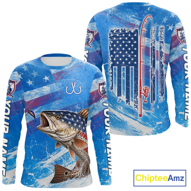 American flag redfish fishing shirt long sleeve front and back view