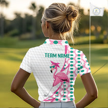 Load image into Gallery viewer, Women wearing a funny flamingo pink golf polo shirt on the golf course