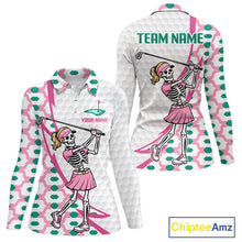 Load image into Gallery viewer, Funny Skeleton Pink Pattern Womens Golf Polo Shirt Golf Outfit Custom Name, Funny Golf Shirts NBT782