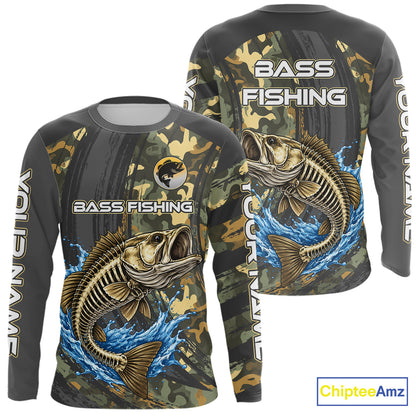 Personalized Largemouth Bass Skeleton Long Sleeve Fishing Shirts, Bass Fishing Tournament Jerseys NBT349