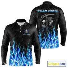 Load image into Gallery viewer, Front and back view of custom Blue Flame Reaper long sleeve golf polo shirt