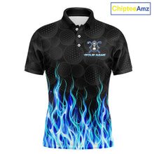 Load image into Gallery viewer, Front view of custom Blue Flame Reaper golf polo shirt with personalized name on the chest