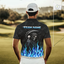 Load image into Gallery viewer, Golfer wearing custom Blue Flame Reaper golf polo shirt on the course