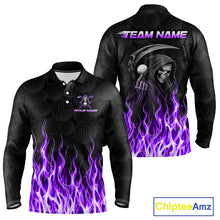 Load image into Gallery viewer, Front and back view of custom Purple Flame Reaper long sleeve golf polo shirt
