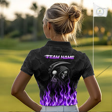 Load image into Gallery viewer, Custom Purple Flame Reaper Golf Ball Pattern Womens Golf Polo Shirts Black Golf Team Shirts, Golf Outfit NBT876