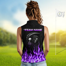 Load image into Gallery viewer, Custom Purple Flame Reaper Golf Ball Pattern Womens Sleeveless Golf Polo Shirts Black Golf Team Shirts, Golf Outfit NBT876