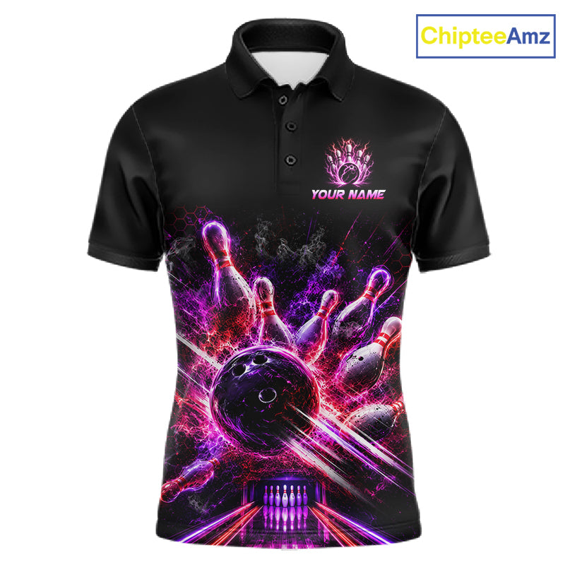 Front view of Custom Funny Cat Bowling Shirt for Men Neon Pink Bowling Jersey Polo & Quarter-Zip