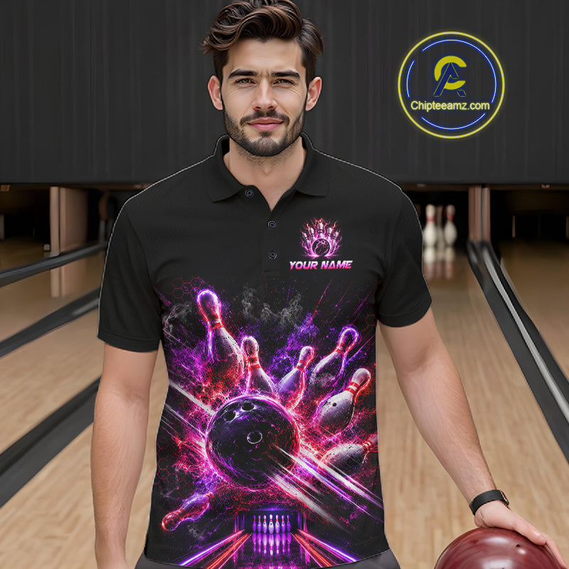 Bowler wearing Custom Funny Cat Bowling Shirt for Men Neon Pink Bowling Jersey Polo on the lanes