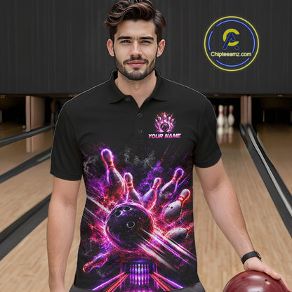 Bowler wearing Custom Funny Cat Bowling Shirt for Men Neon Pink Bowling Jersey Polo on the lanes