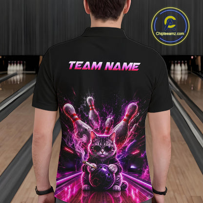 Bowler wearing Custom Funny Cat Bowling Shirt for Men Neon Pink Bowling Jersey Polo on the lanes - backview