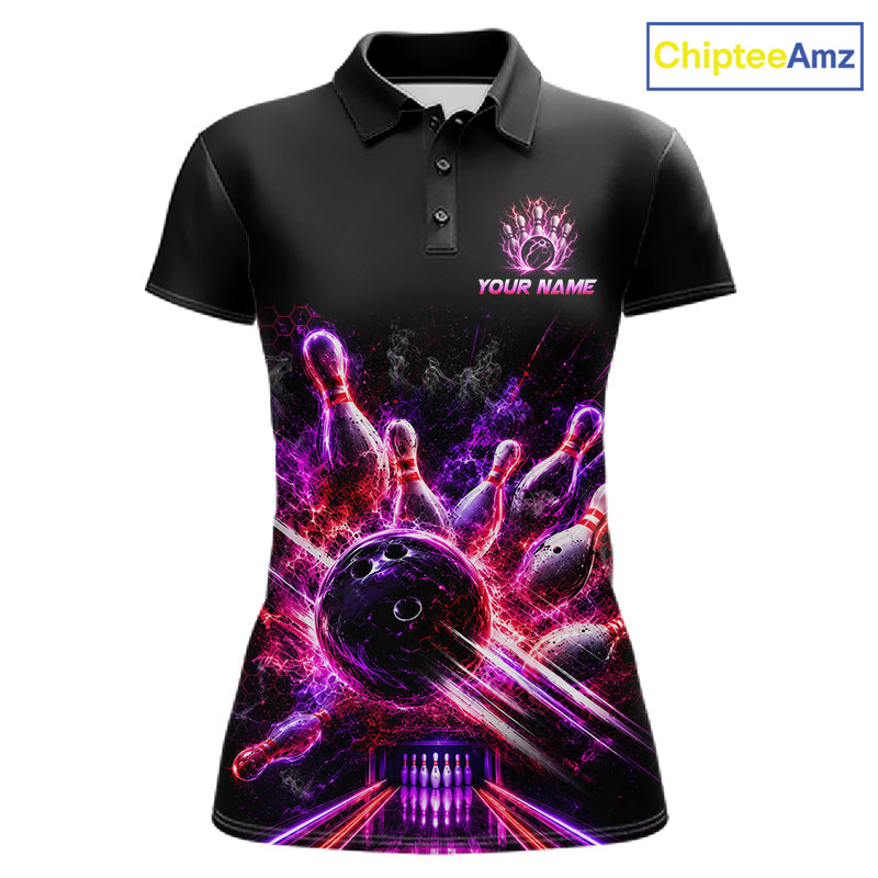 Front view of Custom Funny Cat Bowling Shirt For Men Neon Pink Bowling Jersey Polo Shirt