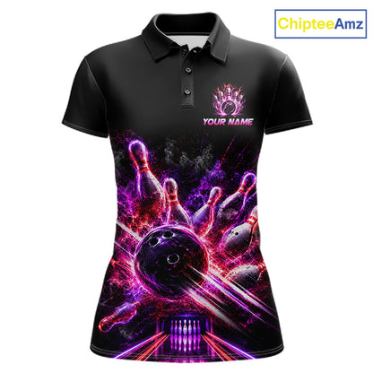 Front view of Custom Funny Cat Bowling Shirt For Men Neon Pink Bowling Jersey Polo Shirt