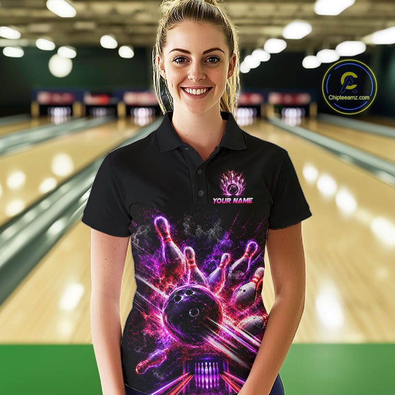 Bowler wear Custom Funny Cat Bowling Shirt For Men Neon Pink Bowling Polo Shirt on the lanes
