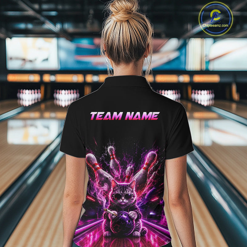 Bowler wear Custom Funny Cat Bowling Shirt For Men Neon Pink Bowling Polo Shirt on the lanes - back view