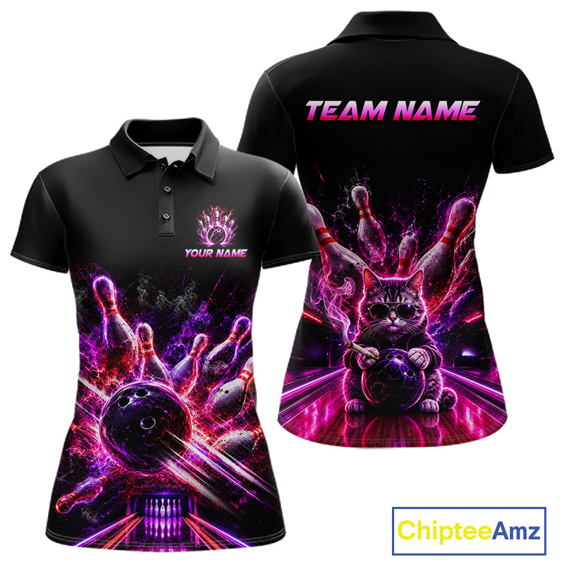 Front and back view of Custom Funny Cat Bowling Shirt For Men Neon Pink Bowling Polo Shirt 
