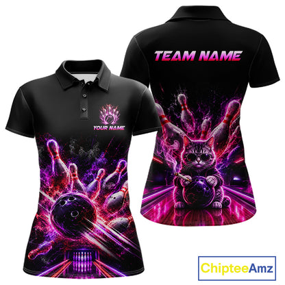 Front and back view of Custom Funny Cat Bowling Shirt For Men Neon Pink Bowling Polo Shirt 