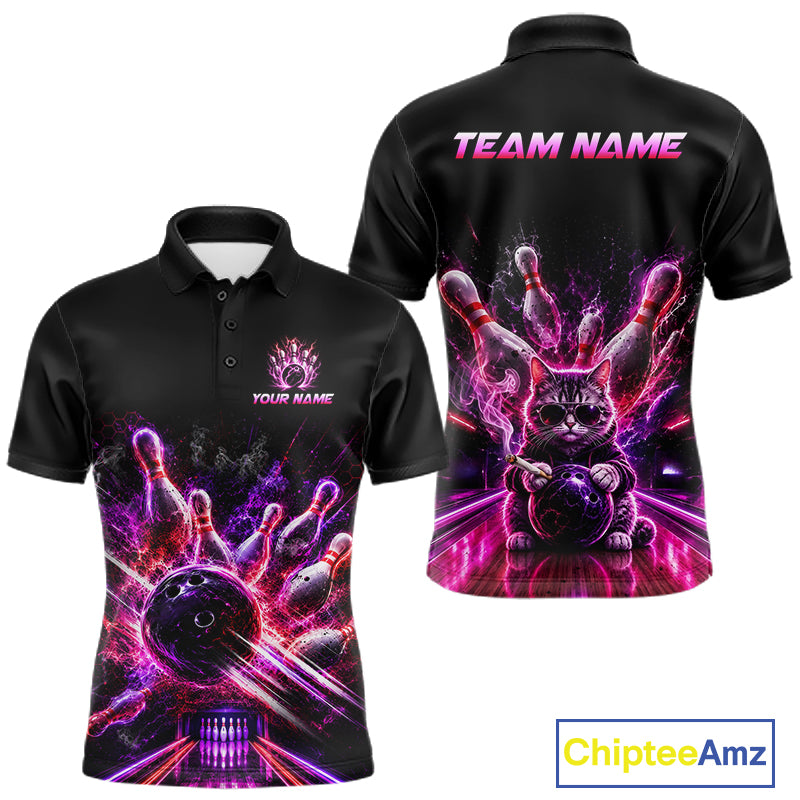 Front and back view of Custom Funny Cat Bowling Shirt for Men Neon Pink Bowling Jersey Polo Shirt