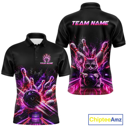 Front and back view of Custom Funny Cat Bowling Shirt for Men Neon Pink Bowling Jersey Polo Shirt