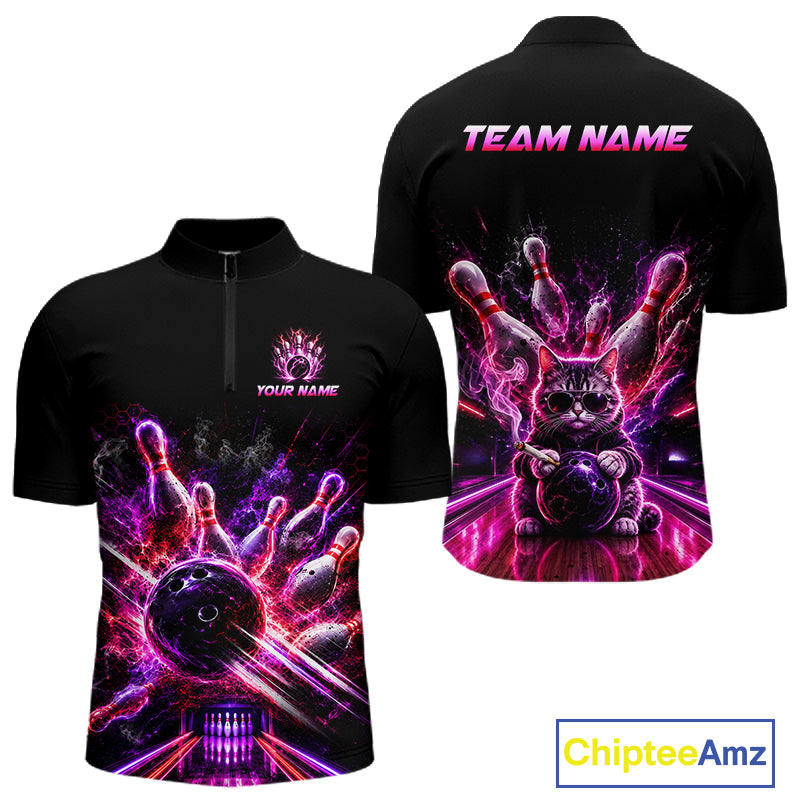 Front back view of Custom Funny Cat Bowling Shirt for Men Neon Pink Bowling Jersey 1/4 Quarter-Zip with personalized name
