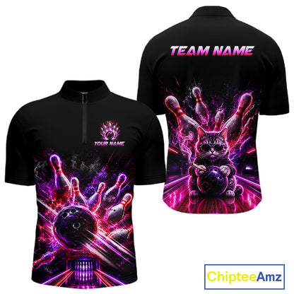 Front back view of Custom Funny Cat Bowling Shirt for Men Neon Pink Bowling Jersey 1/4 Quarter-Zip with personalized name