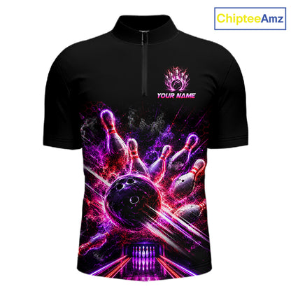 Front view of Custom Funny Cat Bowling Shirt for Men Neon Pink Bowling Jersey Polo & Quarter-Zip with personalized name