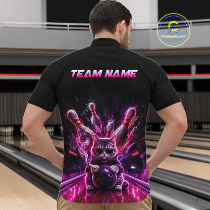 Custom Funny Cat Bowling Shirt For Men Neon Pink Bowling Jersey Polo & Quarter-Zip Bowling Outfit NBT879