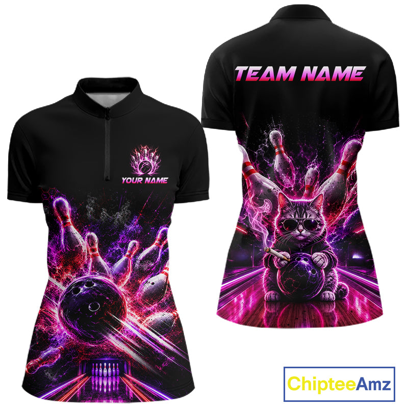 Front and back view of Custom Funny Cat Bowling Shirt For Men Neon Pink Bowling 1/4 Quarter Zip Shirt with personalized name