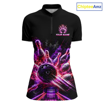 Front view of Custom Funny Cat Bowling Shirt For Men Neon Pink Bowling 1/4 Quarter Zip Shirt with personalized name