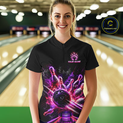 Bowler wear Custom Funny Cat Bowling Shirt For Men Neon Pink Bowling 1/4 Quarter Zip Shirt on the lanes
