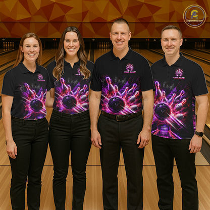Bowling team wearing matching Custom Funny Cat Bowling Shirt For Men Neon Pink Bowling Polo Shirt on the lanes