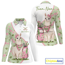 Load image into Gallery viewer, Front and back views of a womens funny alpaca plaid pattern long sleeve golf polo shirt, name text on the chest and team name on the back.