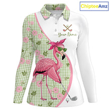 Load image into Gallery viewer, Front views of a womens funny flamingo plaid pattern long sleeve golf polo shirt, name text on the chest.