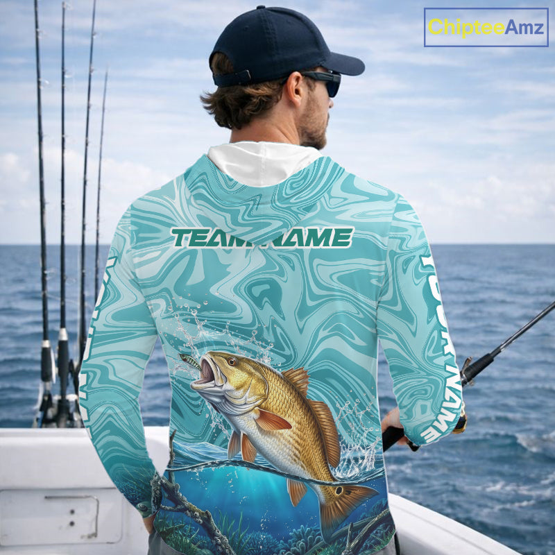 Custom Redfish Long Sleeve Hooded Performance Fishing Shirts, Water Camo Saltwater Fishing Jerseys NBT691